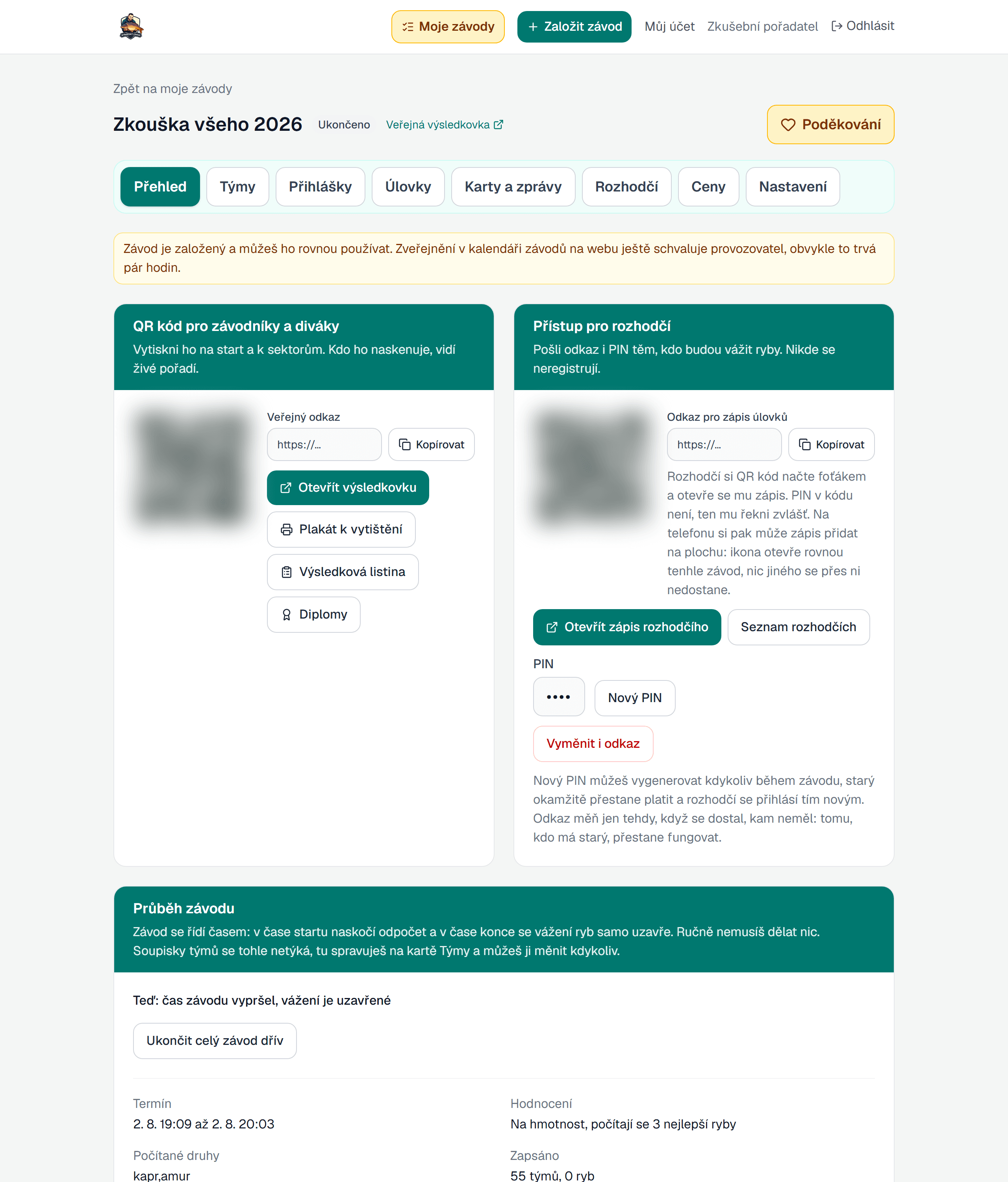Přehled závodu s QR kódy a přístupem pro rozhodčí