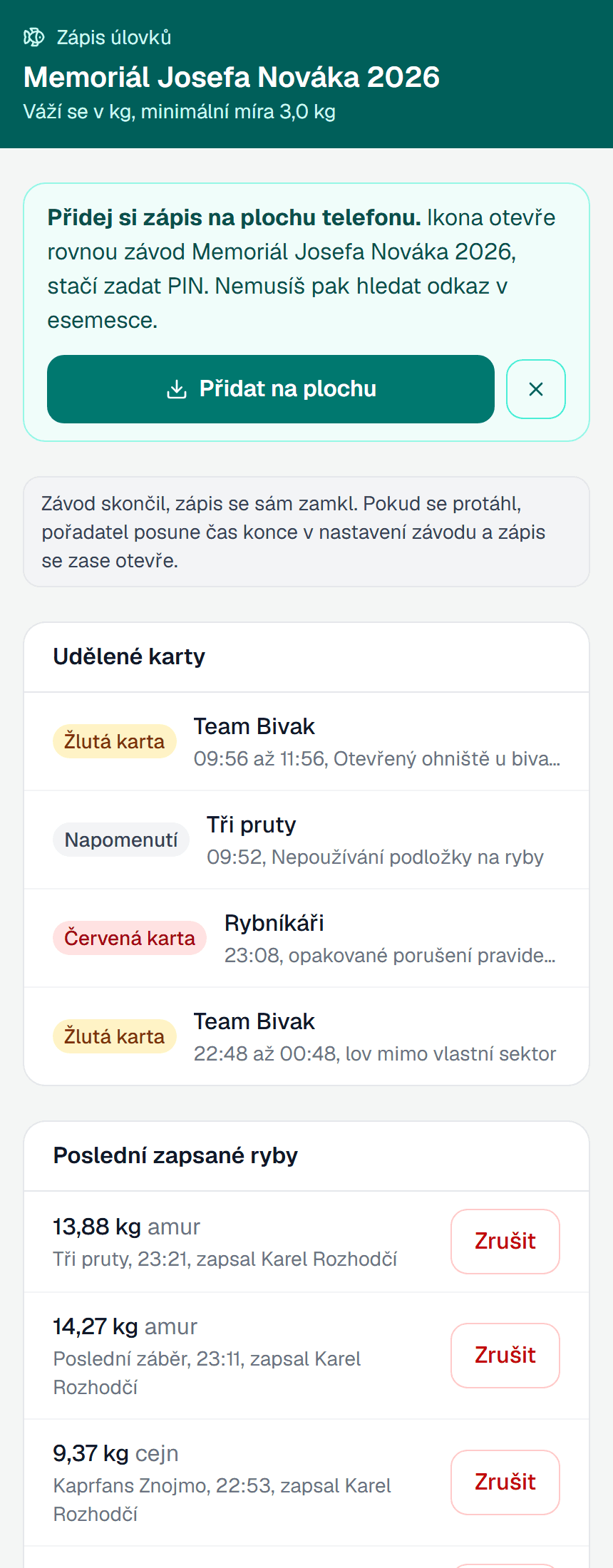 Zápis úlovku na telefonu rozhodčího